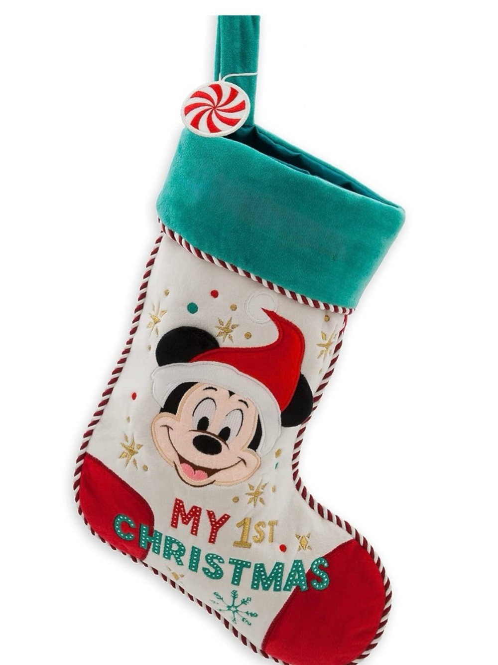 Disney Mickey Mouse First Christmas Stocking in Teal, Red, White